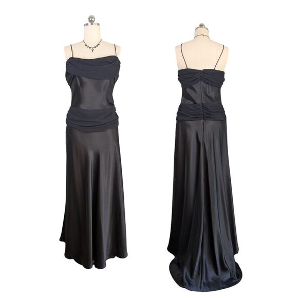 Vintage Cache Prom Dress Maxi Gown 12 Black Chiffon Glam 90s Y2K Cowl Fairy Goth - Picture 1 of 10